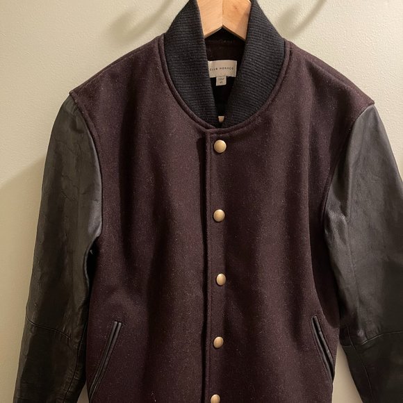 Men's CLUB MONACO XS Burgundy Wool & Black Leather Bomber Jacket Extra Small - Picture 1 of 9